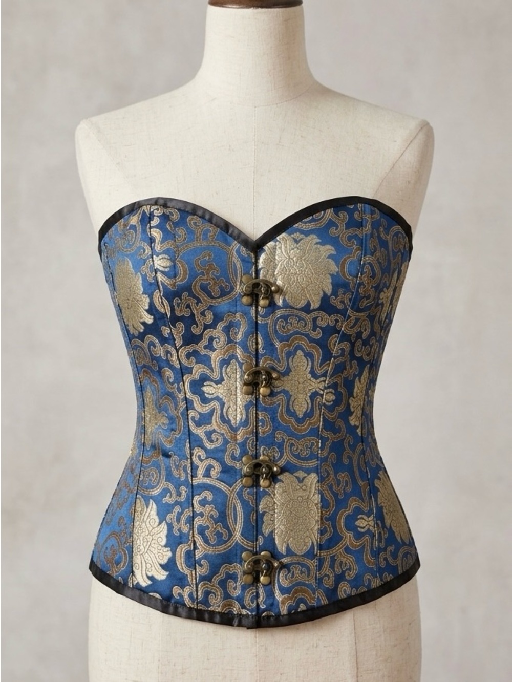 Blue Gold Brocade Overbust Corset Size 28 Steampunk Victorian Goth Bustier